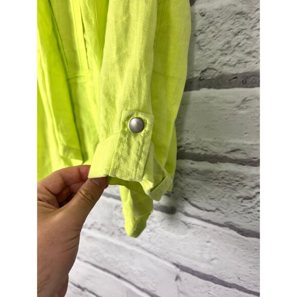 CHICO'S Women's S Lime Green 100% Linen Flyaway Francesca Roll Tab Open Jacket - Picture 5 of 8